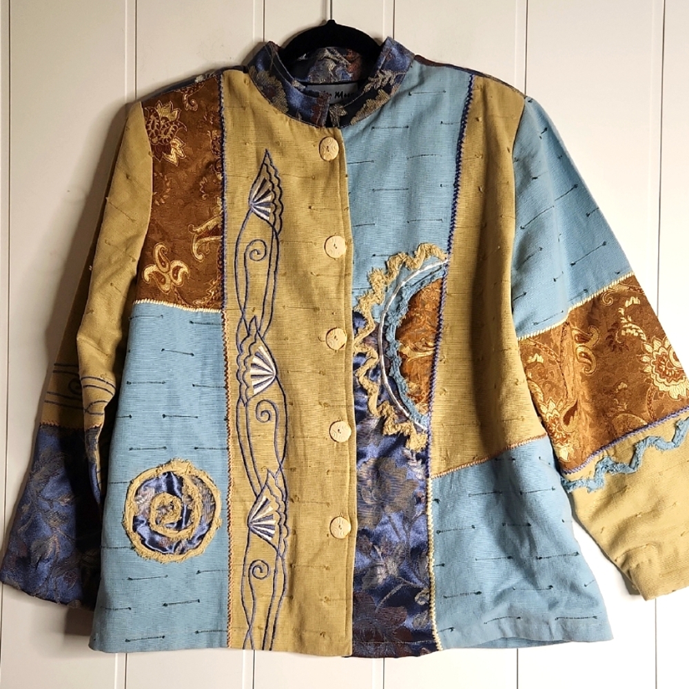 Patchwork Women's Jacket - Blue and Tan Artsy Tapestry Mixed Media Button Down